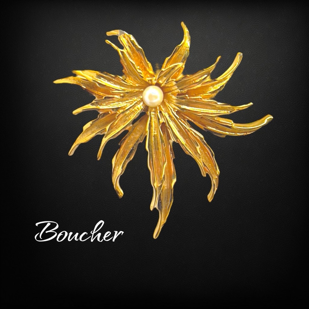 Vintage Signed Boucher Mid-Century Floral & Faux Pearl Brooch